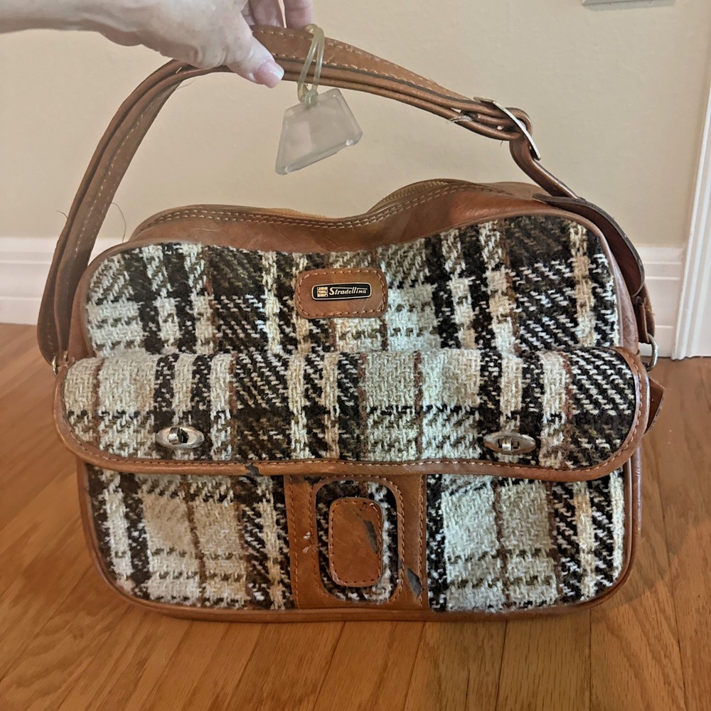 VTG Stradellina Tweed Leather Luggage Carry On Outer Pocket Footed ID Tag Retro